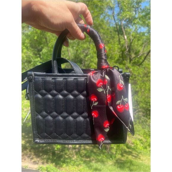 Steve Madden Handbags - Steve Madden Black Quilted Mini Top-Handle Bag with Cherry Scarf